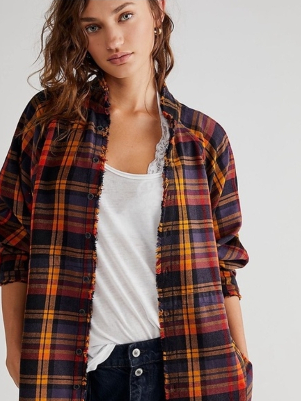 We The Free People Summer Daydream Plaid Oversized Flannel Shirt In Grunge - Picture 5 of 16